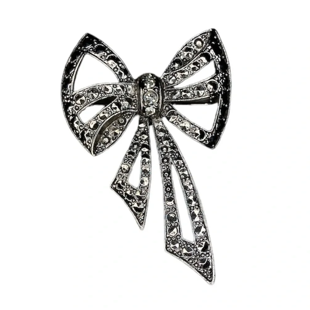 Rhinestone Bow Brooch Silver Pin Retro Vintage Art Deco Classic Cottagecore